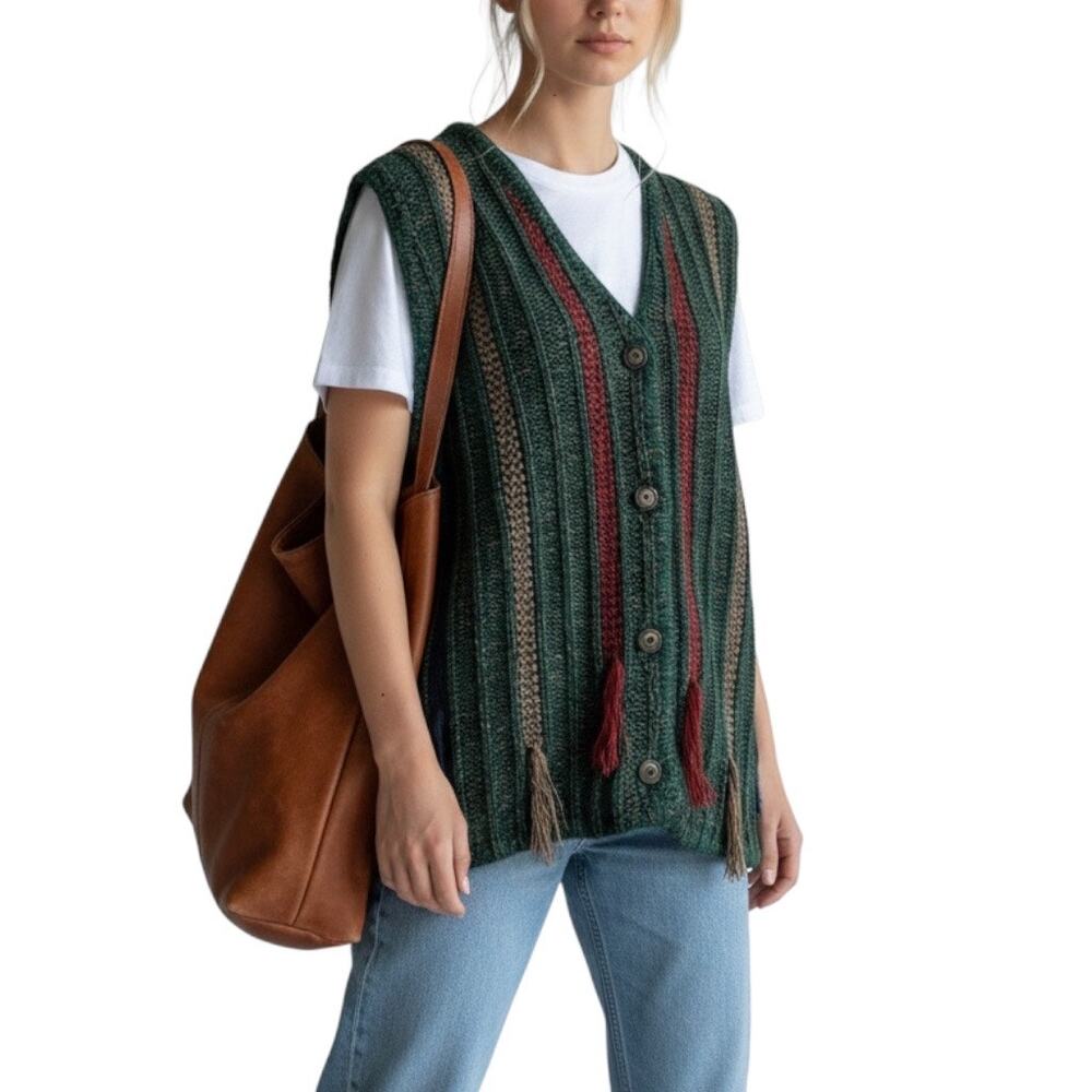 Vintage 90s Green Stripe Ramie Tassel Sweater Vest Cottagecore M Grandpacore - Picture 16 of 16